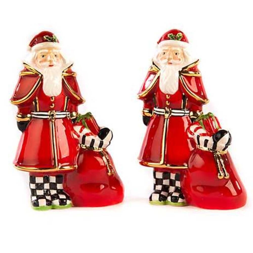 New MACKENZIE CHILD'S Hand Painted Santa Salt & Pepper Set Holiday Red Christmas